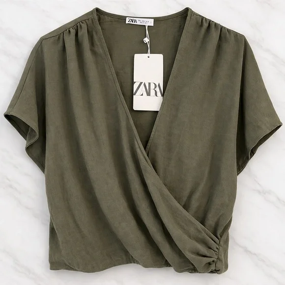 ZARA Olive Green Draped Wrap Top NWT Size Large - Picture 1 of 11